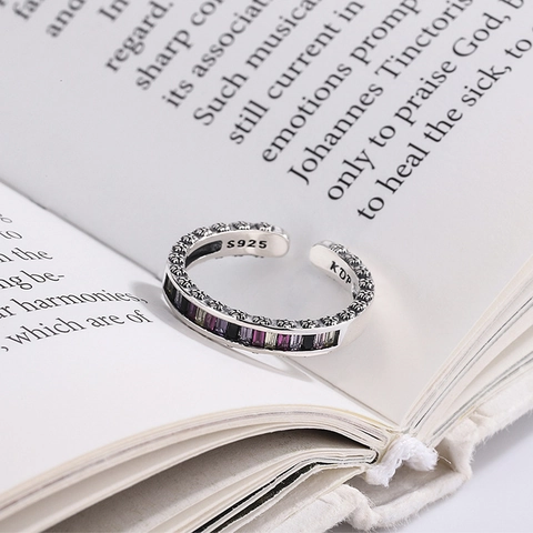 S925 Sterling Zilveren Regenboog Zirconia Verstelbare Open Ring Voor Vrouwen Vintage Reliëf Geoxideerd Kleurrijke Steen Vingering Sieraden