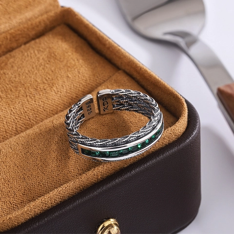 Vintage 925 Sterling Zilver Gevlochten Twist Open Ring Dames Smaragdgroen Zirconia Verstelbare Mode Retro Sieraden Vingerring