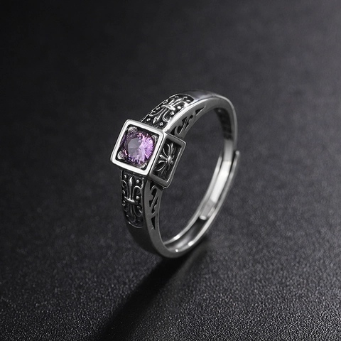 925 Sterling Silver Vintage Gothic Cross Open Ring Women Luxury Zirconia Inlaid Adjustable Oxidized Punk Index Finger Ring