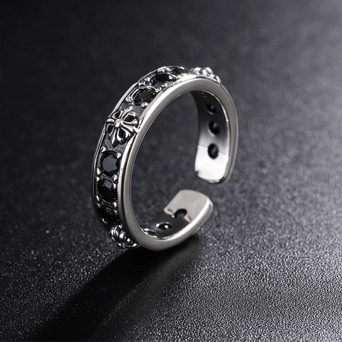 925 Sterling Silver Retro Cross Open Ring For Men Women Gothic Embossed Black Zirconia Adjustable Punk Finger Ring Jewelry