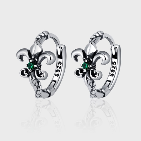 Vintage 925 Sterling Silver Fleur De Lis Hoop Earrings For Women Emerald Green Zirconia Inlaid Oxidized Silver Ear Huggies Retro Niche Design Jewelry
