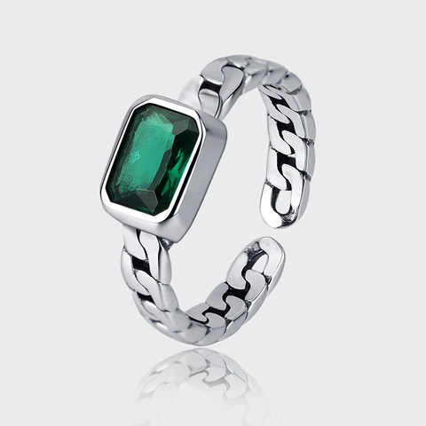 Vintage 925 Sterling Silver Adjustable Open Ring For Women Antiqued Curb Chain Design With Rectangular Green Zirconia