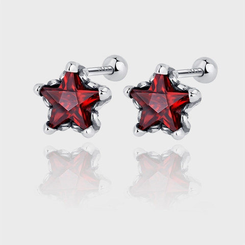 Vintage 925 Argento Sterling Stella Orecchini Bottone Donna Retrò Rosso Strass Vite Chiusura Piercing Moda Gioielli