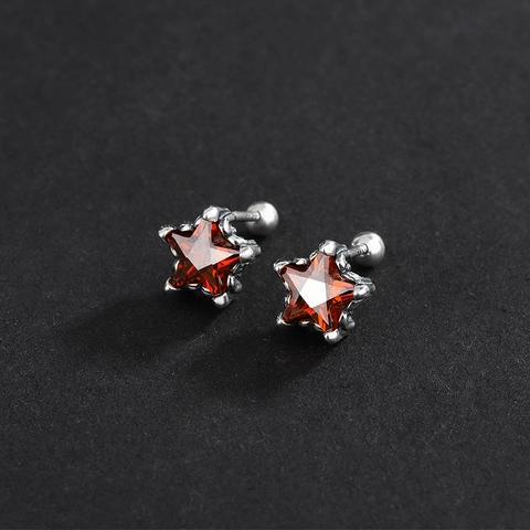 Vintage 925 Argento Sterling Stella Orecchini Bottone Donna Retrò Rosso Strass Vite Chiusura Piercing Moda Gioielli