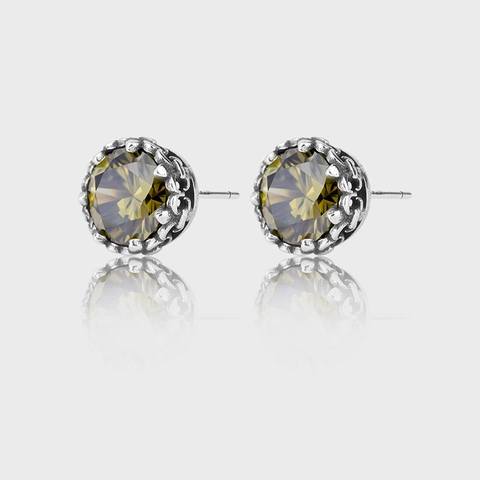 925 Sterling Silver Olive Green Rhinestone Stud Earrings Retro Crown Setting Handmade Personalized Fashion Ear Jewelry