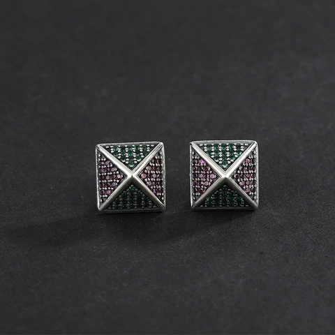 Vintage 925 Sterlingsilber Pyramide Ohrstecker Für Damen Retro Eingelegter Bunter Zirkonia Quadratischer Geometrischer Ohrschmuck Geschenk