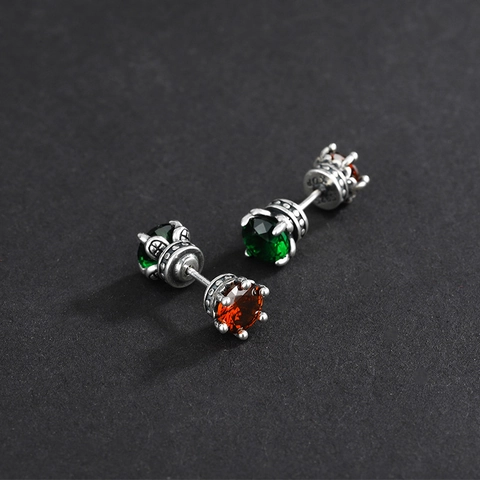 Vintage Orecchini a Bottone a Corona in Argento Sterling 925 da Donna Retro Ossidato Zirconia Blu Viola Rosso Verde Gioielli