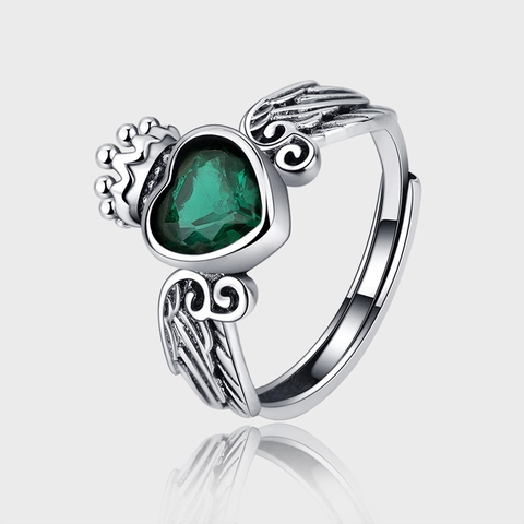 Vintage 925 Sterlingsilber Herz Grün Zirkonia Krone Flügel Ring Gotisch Verwittert Offen Einstellbar Ring Schmuck Geschenk Für Damen
