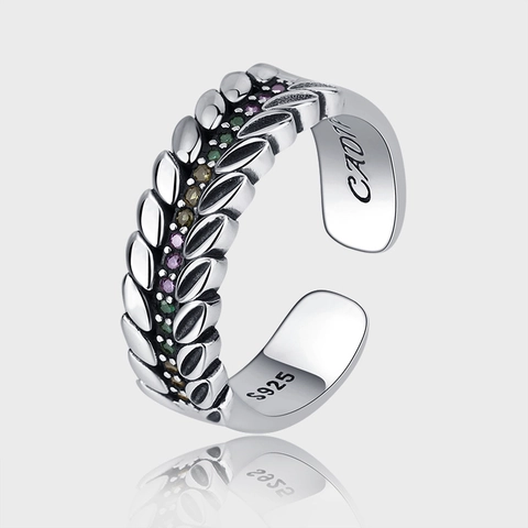 Vintage 925 Sterling Silver Wheat Ear Open Ring For Women Adjustable Multi-color Zirconia Retro Light Luxury Band Ring Jewelry