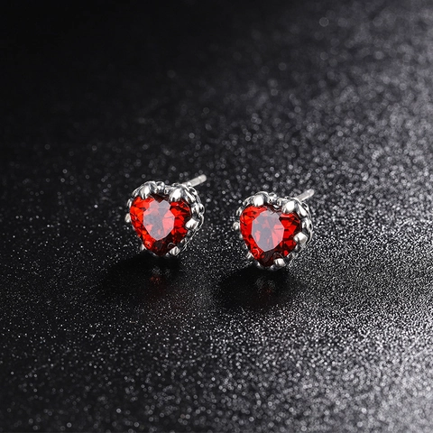 925 Sterling Silver Heart Stud Earrings For Women Retro Iris Fleur-de-lis Red Zirconia Inlaid Luxury Jewelry New Year Gift