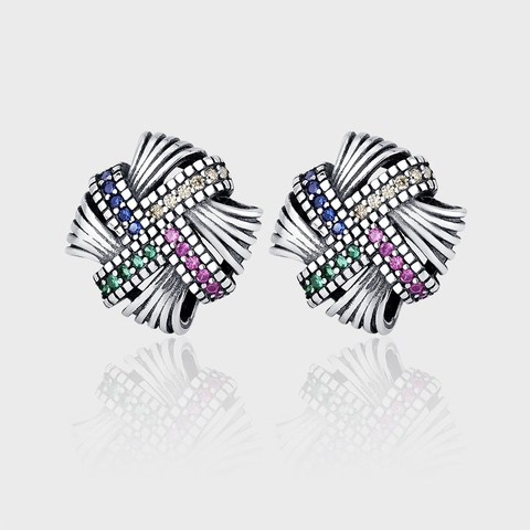 Orecchini a Bottone con Nodo Intrecciato in Argento Sterling 925 Strass Colorati Finitura Ossidata Retrò Gioielli per Donna