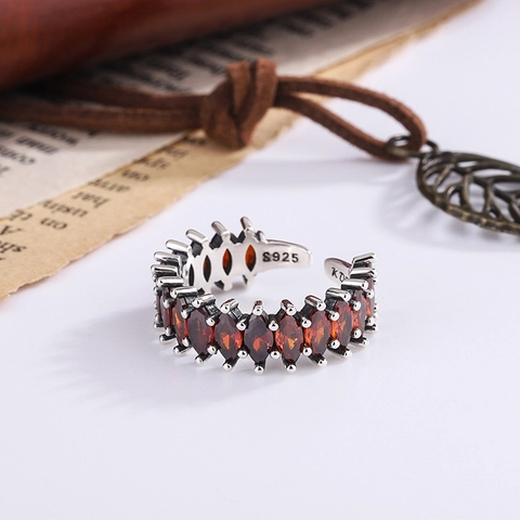 925 Sterling Silver Red Rhinestone Marquise Cut Adjustable Open Ring For Women Vintage Aged Finish Row Design Jewelry Gift