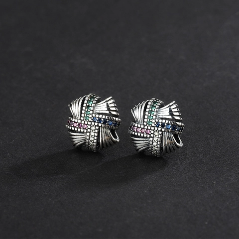 Orecchini a Bottone con Nodo Intrecciato in Argento Sterling 925 Strass Colorati Finitura Ossidata Retrò Gioielli per Donna