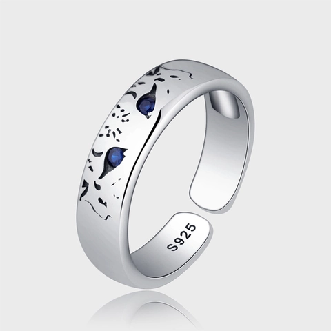 Vintage 925 Sterling Silver Snow Leopard Open Ring With Blue Rhinestone Eyes Adjustable Animal Finger Ring Jewelry For Unisex