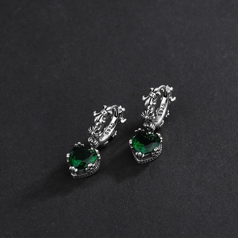 Orecchini a Cerchio in Argento Sterling 925 con Cuore Verde e Strass Motivo Giglio Stile Gotico Vintage per Donna