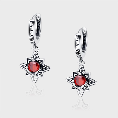 Vintage 925 Sterling Silver Star Drop Earrings Retro Greek Key Pattern Red Rhinestone Dangle Hoop Jewelry For Women