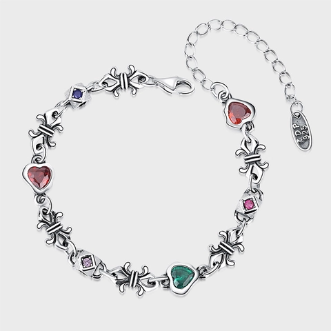 Vintage 925 Sterling Silver Rainbow Zirconia Heart Fleur-de-lis Bracelet Retro Gothic Cross Spliced Chain Bracelet For Women