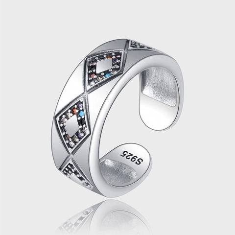 S925 Sterlingsilber Geometrische Raute Offener Ring Mit Mehrfarbigem Zirkonia Engelsauge Vintage Verstellbare Ringe Für Damen Schmuck