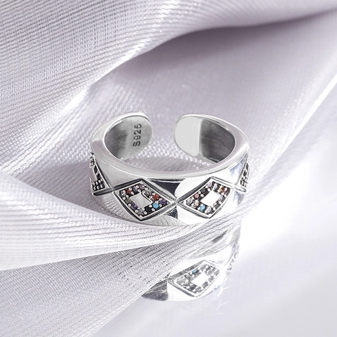 S925 Sterlingsilber Geometrische Raute Offener Ring Mit Mehrfarbigem Zirkonia Engelsauge Vintage Verstellbare Ringe Für Damen Schmuck