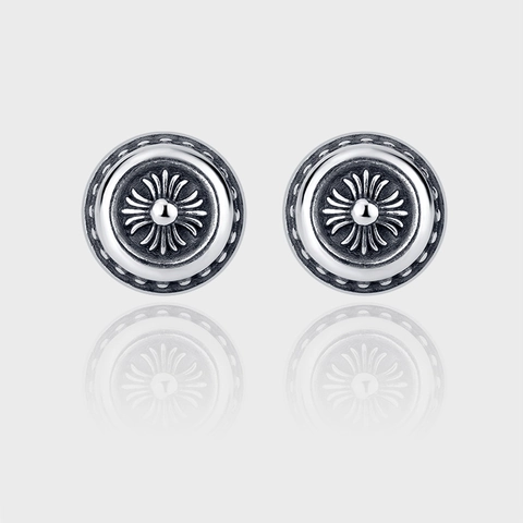 925 Sterling Silver Vintage Punk Round Cross Flower Stud Earrings For Women Gothic Distressed Oxidized Black Jewelry Gift