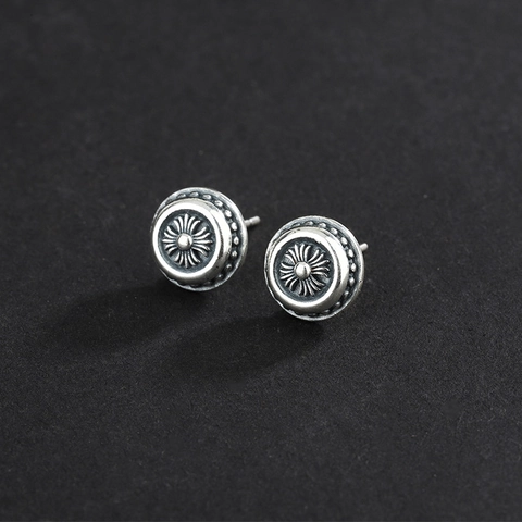 925 Sterling Silver Vintage Punk Round Cross Flower Stud Earrings For Women Gothic Distressed Oxidized Black Jewelry Gift