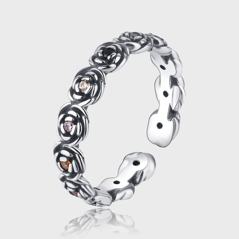 Anello Aperto Rosa in Argento Sterling 925 Vintage per Donna Strass Colorato Regolabile Hip Hop Gioielli Retro Anello da Dito