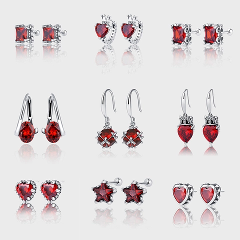 Vintage 925 Sterling Silver Exaggerated Earrings Red Rhinestone Heart Star Stud Earrings Antique Silver Women Jewelry