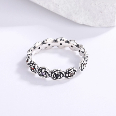 Anello Aperto Rosa in Argento Sterling 925 Vintage per Donna Strass Colorato Regolabile Hip Hop Gioielli Retro Anello da Dito