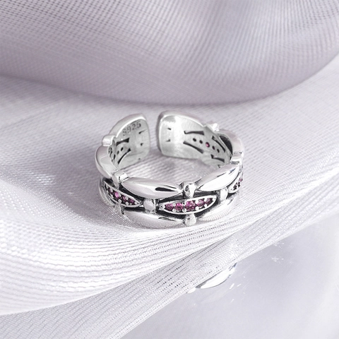 Vintage 925 Sterling Silver Intertwined Hollow Adjustable Ring For Women Exquisite Rhinestone Inlaid Open Finger Ring Jewelry