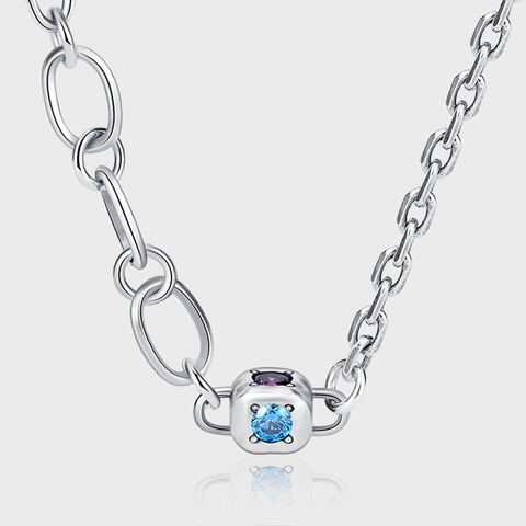 Collana con Ciondolo a Cubo in Argento Sterling S925 per Donna Gioielli con Catena a Doppio Strato in Zirconi Multicolore