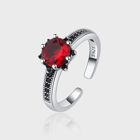Vintage S925 Sterling Silver Open Ring For Women Red Rhinestone Flower Pattern Adjustable Index Finger Trendy Personalized Jewelry Gift