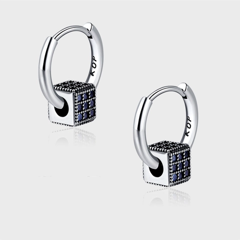 925 Sterling Silver Blue Zirconia Cube Pendant Hoop Earrings Vintage Geometric Sparkling Jewelry For Women