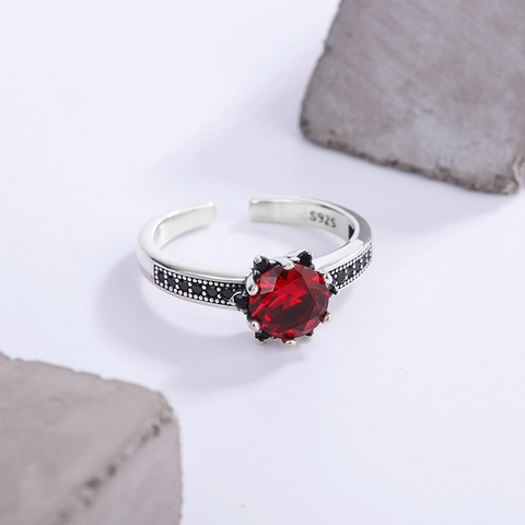 Vintage S925 Sterling Silver Open Ring For Women Red Rhinestone Flower Pattern Adjustable Index Finger Trendy Personalized Jewelry Gift