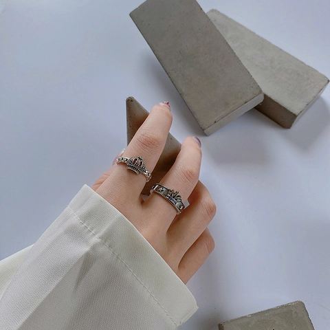 Vintage 925 Sterling Silver Crown Open Ring For Women Adjustable Retro Thai Silver Style Finger Ring Fashion Jewelry
