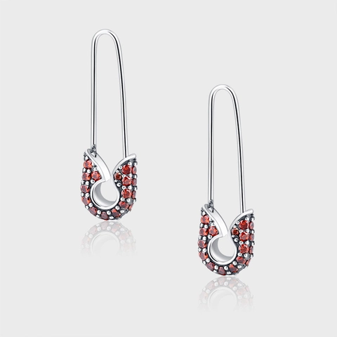 Orecchini a Goccia a Forma di Spilla da Balia in Argento Sterling 925 Con Strass Rossi Incastonati Gioielli da Donna