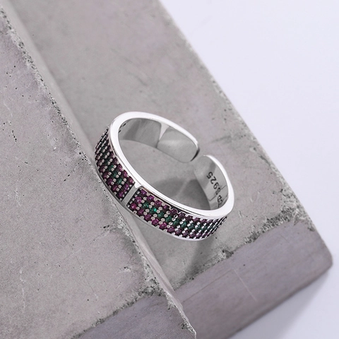 925 Sterling Silver Geometric Ring For Women Colorful Zirconia Micro Pave Adjustable Open Finger Ring Fashion Jewelry