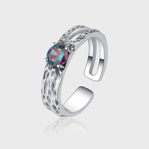 925 Sterling Zilver Verstelbare Open Ring Voor Vrouwen Kleurrijke Zirconia Onregelmatige Textuur Hol Ontwerp Vintage Niche Stijl Sieraden Cadeau