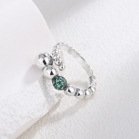 S925 Sterling Silver Geometric Beaded Open Ring For Women Minimalist Adjustable Green Zirconia Ball Finger Ring Vintage Jewelry