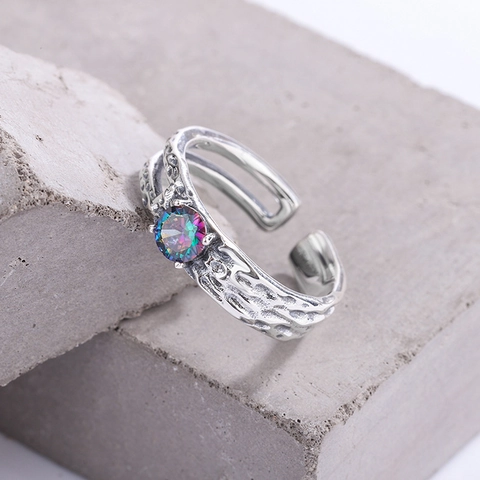 925 Sterling Zilver Verstelbare Open Ring Voor Vrouwen Kleurrijke Zirconia Onregelmatige Textuur Hol Ontwerp Vintage Niche Stijl Sieraden Cadeau