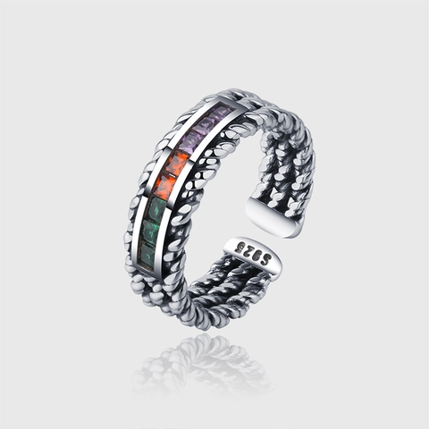 925 Sterlingsilber Vintage Gedreht Ring Für Damen Bunter Zirkonia Eingelegt Offen Verstellbar Geometrisch Mode Schmuck Retro Bandring
