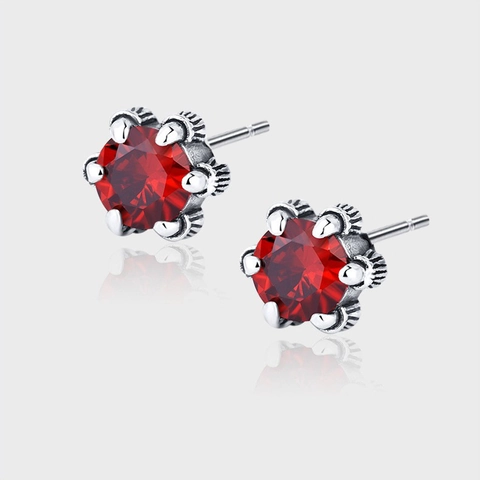 Orecchini a Bottone in Argento Sterling 925 Fatti a Mano con Incastonatura a Griffe e Strass Rossi Vintage Tondi Geometrici Gioielli Donna