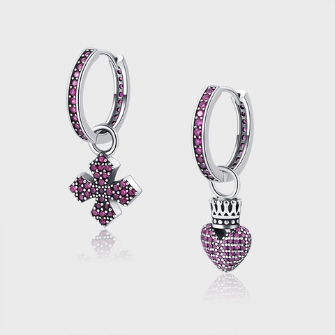 Vintage 925 Sterlingsilber Asymmetrische Ohrringe Für Damen Fuchsie Zirkonia Eingelegt Herz Kreuz Krone Ohrringe Schmuck