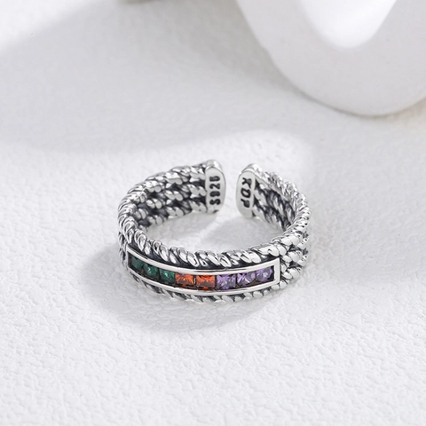 925 Sterlingsilber Vintage Gedreht Ring Für Damen Bunter Zirkonia Eingelegt Offen Verstellbar Geometrisch Mode Schmuck Retro Bandring