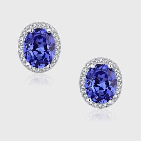 Boucles d'Oreilles Clous Halo Ovales Bleues en Argent Sterling S925 pour Femmes Pierre Bleue Vintage Incrustée de Strass
