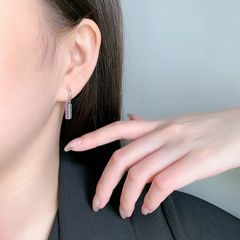 Korean 925 Sterling Silver Colorful Rhinestone Rectangular Column Drop Earrings For Women Fashion Geometric Temperament Jewelry