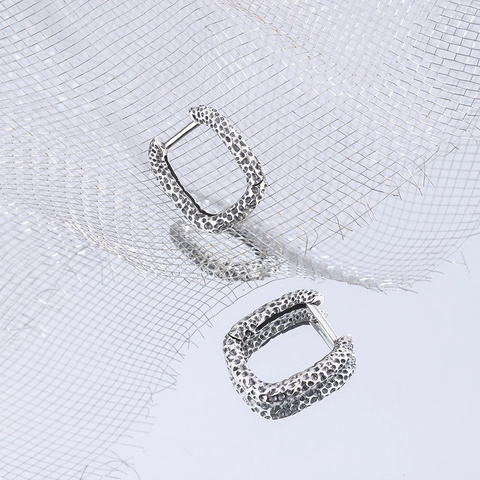 Vintage 925 Sterling Silver Geometric Hoop Earrings For Women Hammered Texture Oval Distressed Retro Metal Jewelry Accessories