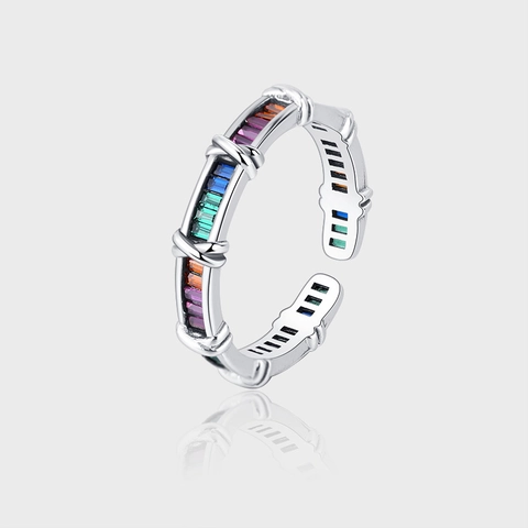 925 Sterling Silver Rainbow Ring For Women Colorful Rhinestone Inlaid Geometric Cross Open Adjustable Ring Luxury Jewelry Gift