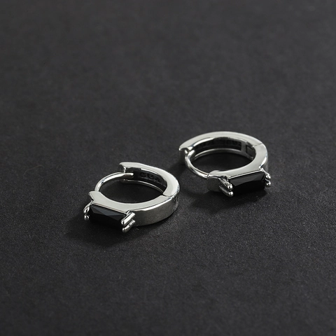925 Sterling Silber Schwarz Strass Creolen Für Damen Minimalistische Geometrische Rechteck Eingelegte Kleine Ohrringe Schmuck