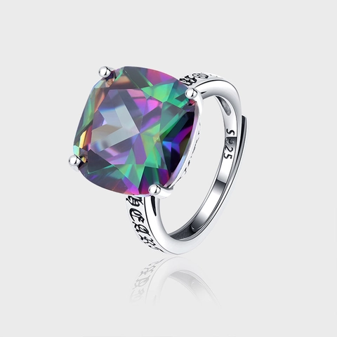 Vintage S925 Sterling Silver Geometric Zirconia Open Ring Gothic Engraved Pattern Adjustable Retro Jewelry Ring For Women