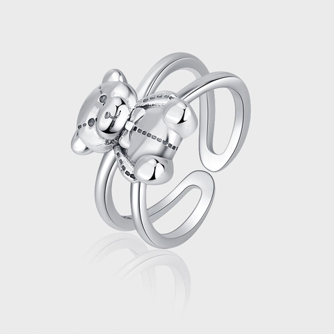 S925 Sterling Zilver Schattige Cartoon Beer Open Ring Voor Vrouwen Retro Verouderd 3D Teddybeer Verstelbare Dubbele Ring